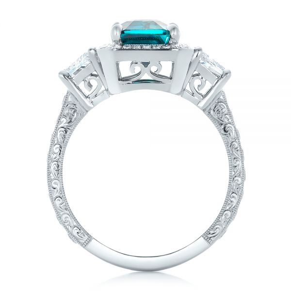  Platinum Custom Blue Zircon And Diamond Halo Engagement Ring - Front View -  102344