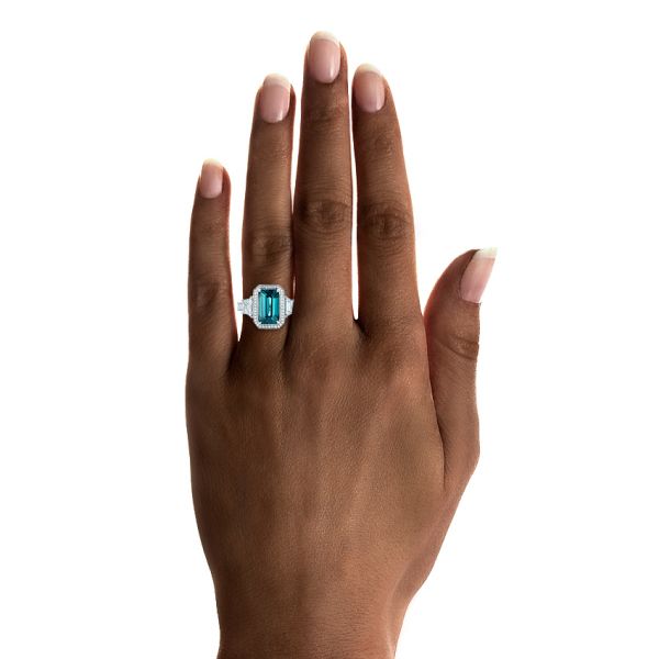  Platinum Custom Blue Zircon And Diamond Halo Engagement Ring - Hand View #2 -  102344