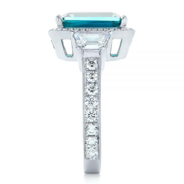 Platinum Custom Blue Zircon And Diamond Halo Engagement Ring - Side View - 102344