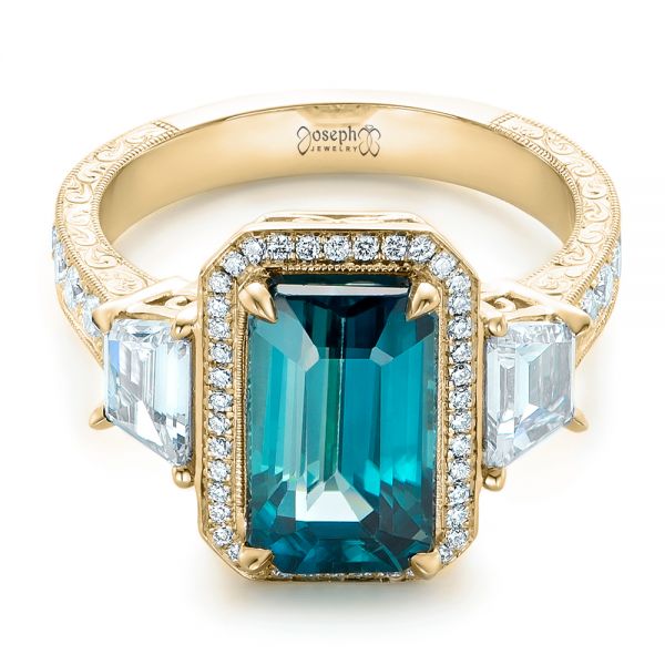 18k Yellow Gold 18k Yellow Gold Custom Blue Zircon And Diamond Halo Engagement Ring - Flat View -  102344