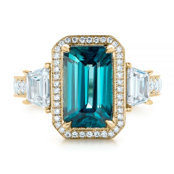 14k Yellow Gold 14k Yellow Gold Custom Blue Zircon And Diamond Halo Engagement Ring - Top View - 102344