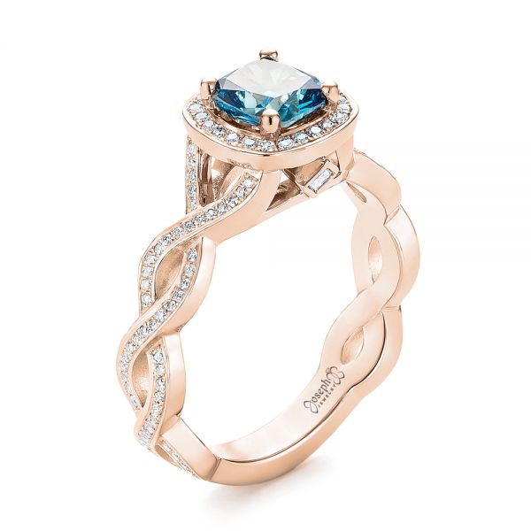 14k Rose Gold 14k Rose Gold Custom Blue And White Diamond Halo Engagement Ring - Three-Quarter View -  103502