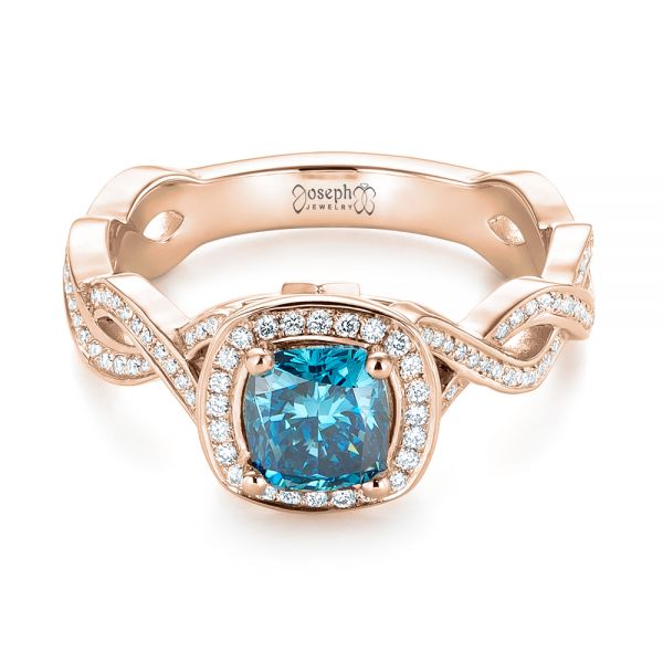 18k Rose Gold 18k Rose Gold Custom Blue And White Diamond Halo Engagement Ring - Flat View -  103502