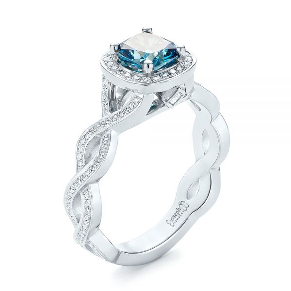 14k White Gold 14k White Gold Custom Blue And White Diamond Halo Engagement Ring - Three-Quarter View -  103502