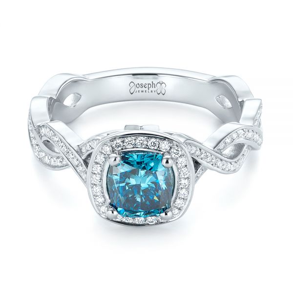 Platinum Custom Blue And White Diamond Halo Engagement Ring - Flat View - 103502