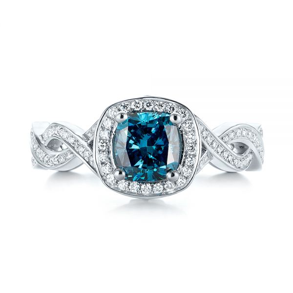  Platinum Custom Blue And White Diamond Halo Engagement Ring - Top View -  103502