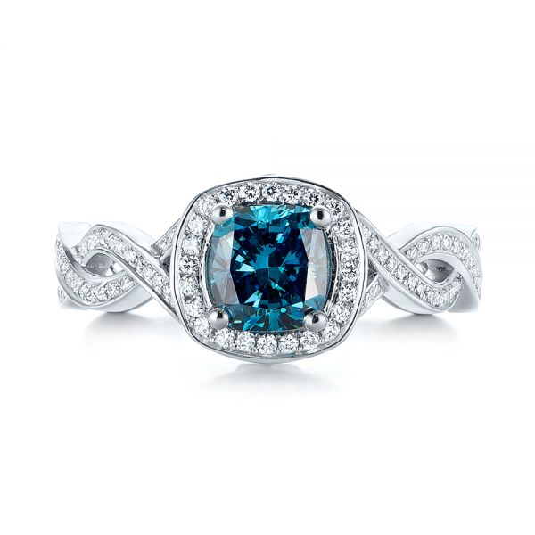 Platinum Custom Blue And White Diamond Halo Engagement Ring - Top View - 103502