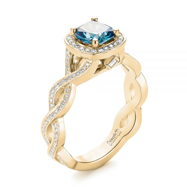 14k Yellow Gold 14k Yellow Gold Custom Blue And White Diamond Halo Engagement Ring - Three-Quarter View -  103502