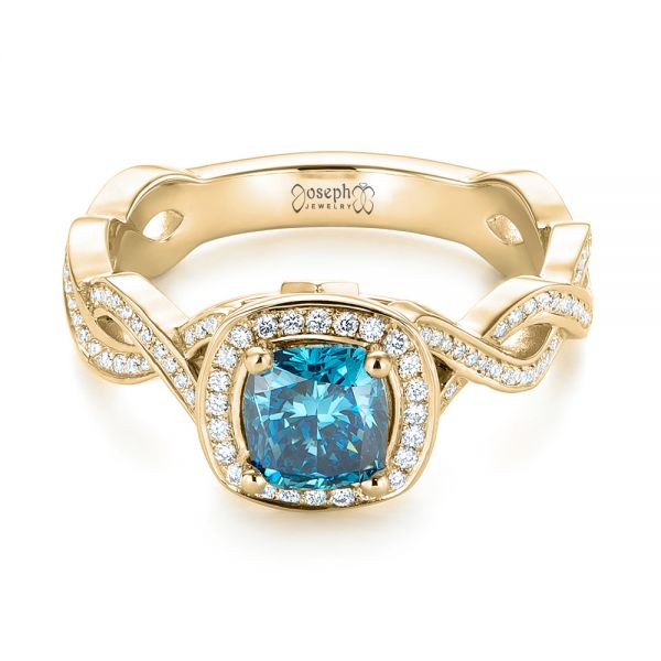 14k Yellow Gold 14k Yellow Gold Custom Blue And White Diamond Halo Engagement Ring - Flat View -  103502