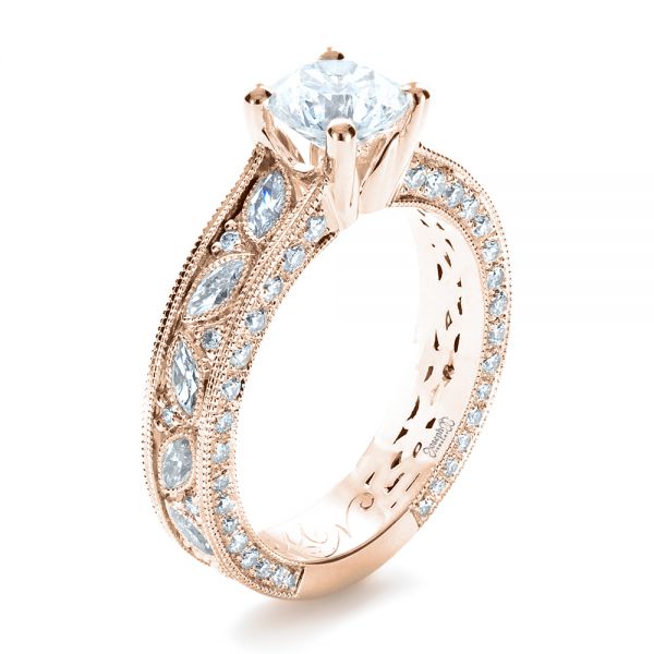 18k Rose Gold 18k Rose Gold Custom Bright Cut Diamond Engagement Ring - Three-Quarter View -  1283