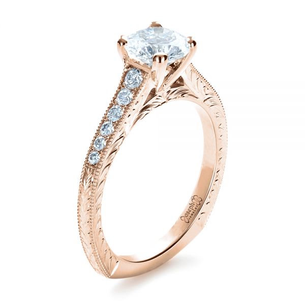 18k Rose Gold 18k Rose Gold Custom Bright Cut Diamond Engagement Ring - Three-Quarter View -  1329