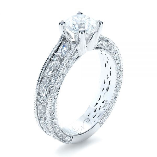 14k White Gold 14k White Gold Custom Bright Cut Diamond Engagement Ring - Three-Quarter View -  1283