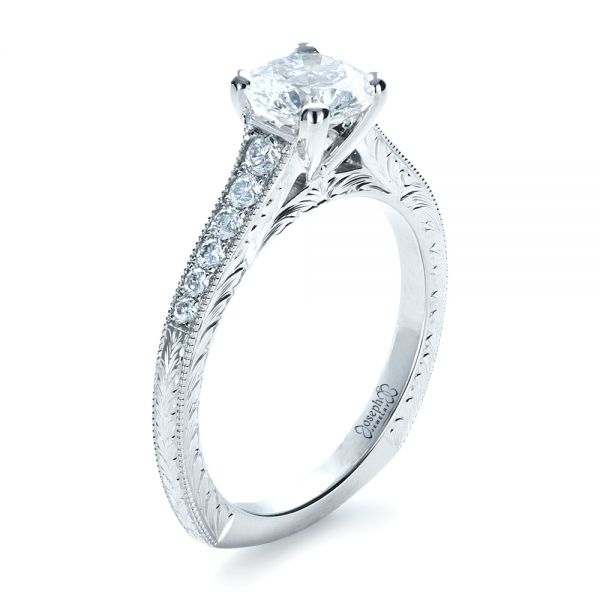  Platinum Custom Bright Cut Diamond Engagement Ring - Three-Quarter View -  1329