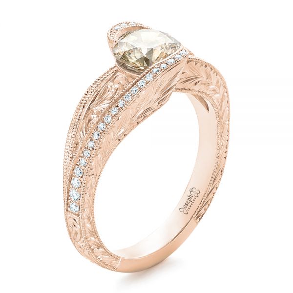 18k Rose Gold 18k Rose Gold Custom Brown Diamond And Hand Engraved Engagement Ring - Three-Quarter View -  102293