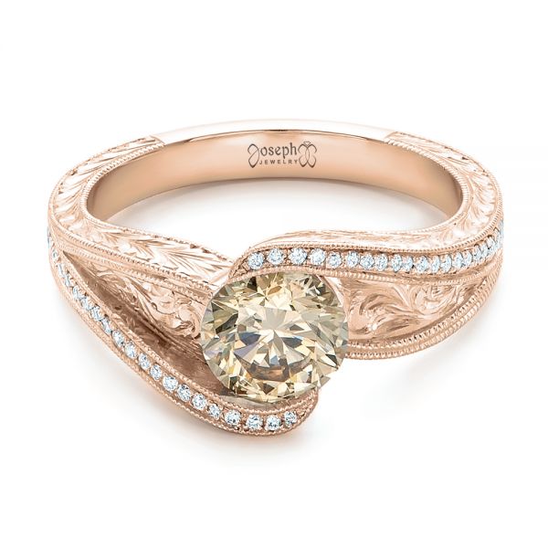 18k Rose Gold 18k Rose Gold Custom Brown Diamond And Hand Engraved Engagement Ring - Flat View -  102293