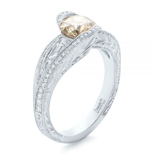  Platinum Custom Brown Diamond And Hand Engraved Engagement Ring - Three-Quarter View -  102293