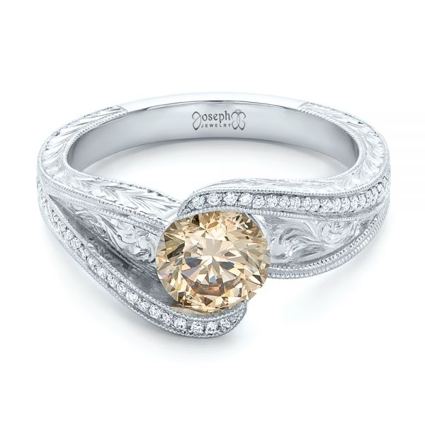  Platinum Custom Brown Diamond And Hand Engraved Engagement Ring - Flat View -  102293