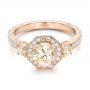 14k Rose Gold Custom Champagne Diamonds And Diamond Halo Engagement Ring - Flat View -  102772 - Thumbnail