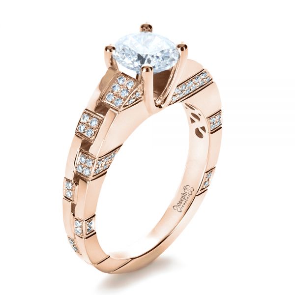 18k Rose Gold 18k Rose Gold Custom Contemporary Diamond Engagement Ring - Three-Quarter View -  1218