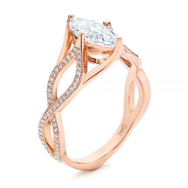14k Rose Gold Custom Criss Cross Marquise Diamond Engagement Ring - Three-Quarter View -  105359