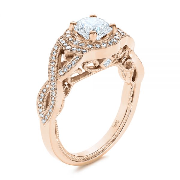 14k Rose Gold 14k Rose Gold Custom Criss Cross Vintage-inspired Diamond Halo Engagement Ring - Three-Quarter View -  105753