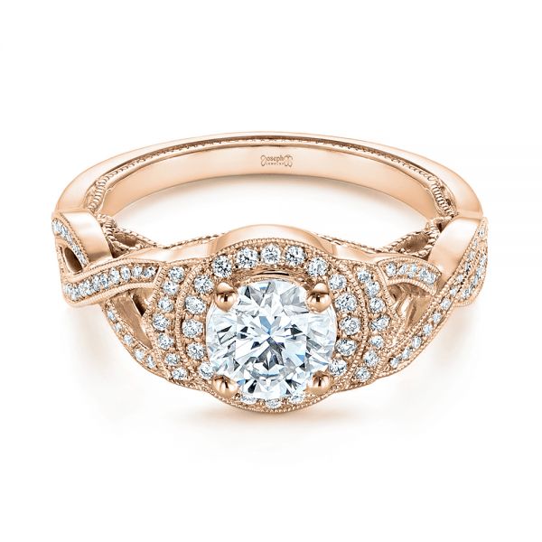18k Rose Gold 18k Rose Gold Custom Criss Cross Vintage-inspired Diamond Halo Engagement Ring - Flat View -  105753