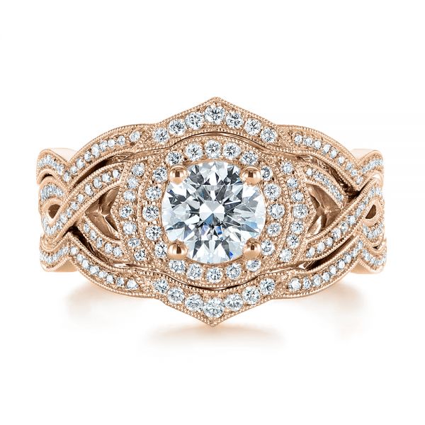 14k Rose Gold 14k Rose Gold Custom Criss Cross Vintage-inspired Diamond Halo Engagement Ring - Top View -  105753