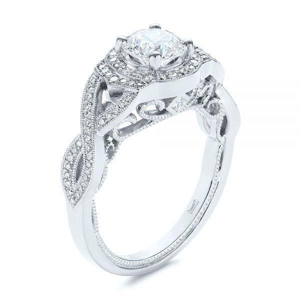14k White Gold Custom Criss Cross Vintage-inspired Diamond Halo Engagement Ring - Three-Quarter View -  105753