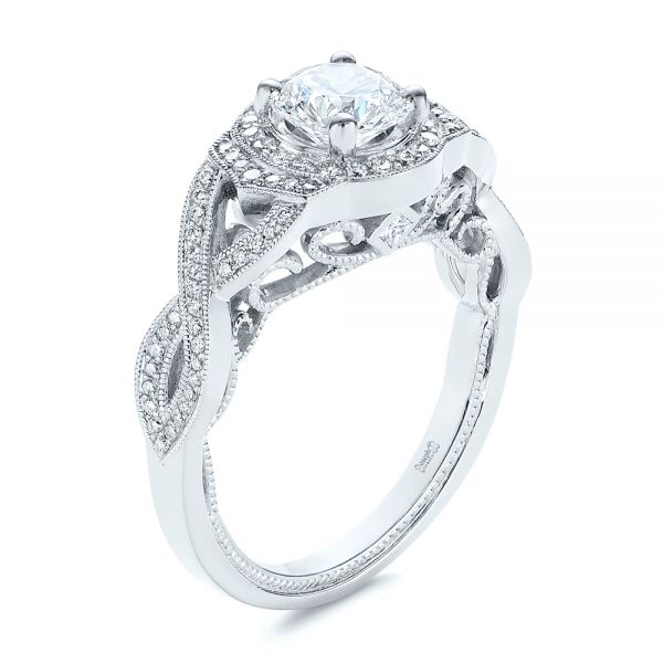  Platinum Platinum Custom Criss Cross Vintage-inspired Diamond Halo Engagement Ring - Three-Quarter View -  105753