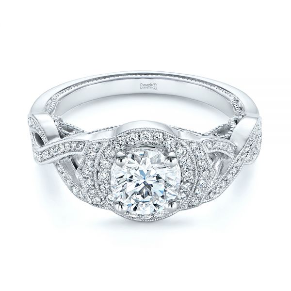14k White Gold Custom Criss Cross Vintage-inspired Diamond Halo Engagement Ring - Flat View -  105753