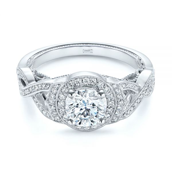 14k White Gold Custom Criss Cross Vintage-inspired Diamond Halo Engagement Ring - Flat View - 105753