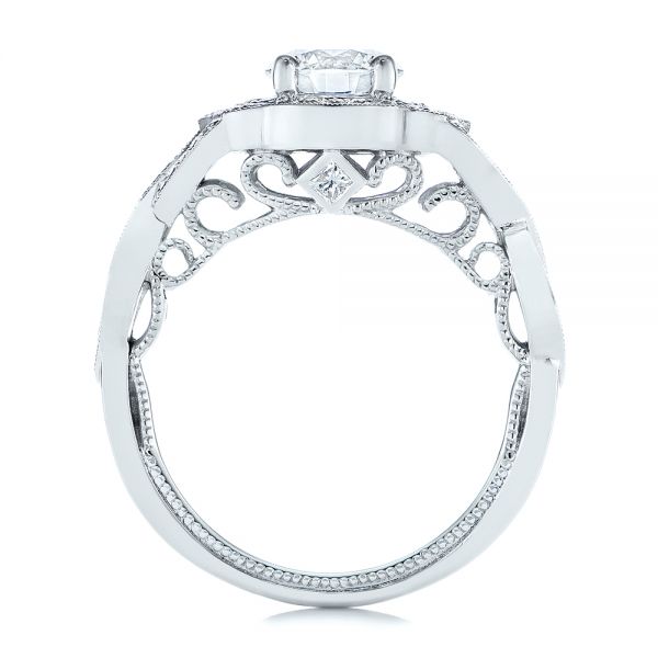 14k White Gold Custom Criss Cross Vintage-inspired Diamond Halo Engagement Ring - Front View - 105753