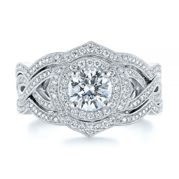 18k White Gold 18k White Gold Custom Criss Cross Vintage-inspired Diamond Halo Engagement Ring - Top View -  105753