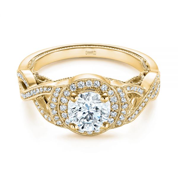 18k Yellow Gold 18k Yellow Gold Custom Criss Cross Vintage-inspired Diamond Halo Engagement Ring - Flat View -  105753