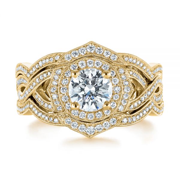 14k Yellow Gold 14k Yellow Gold Custom Criss Cross Vintage-inspired Diamond Halo Engagement Ring - Top View - 105753