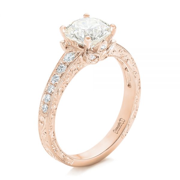 18k Rose Gold 18k Rose Gold Custom Diamond Engagement Ring - Three-Quarter View -  102462