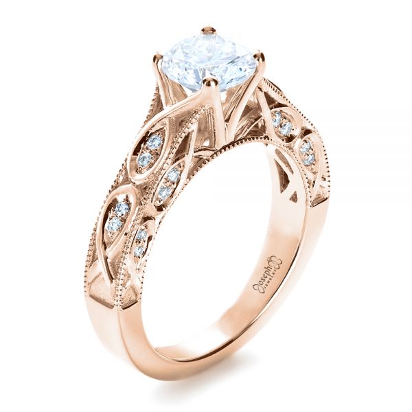 18k Rose Gold 18k Rose Gold Custom Diamond Engagement Ring - Three-Quarter View -  1296