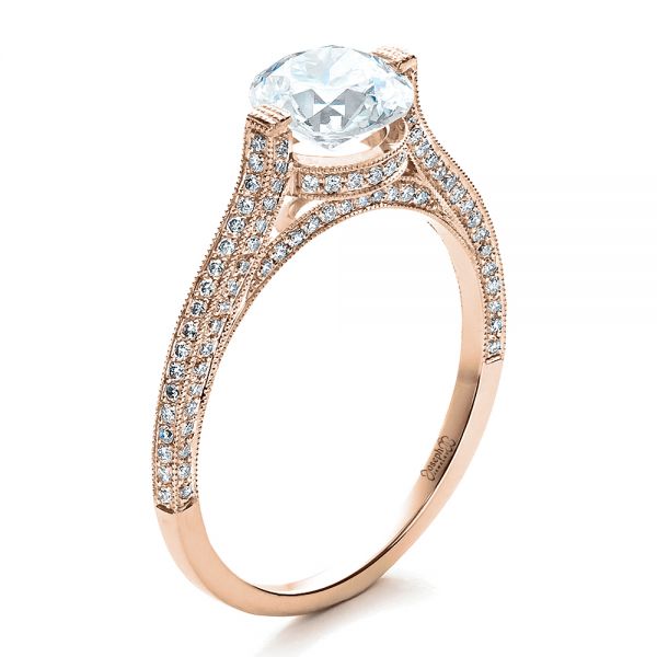 18k Rose Gold 18k Rose Gold Custom Diamond Engagement Ring - Three-Quarter View -  1443