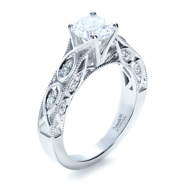 18k White Gold Custom Diamond Engagement Ring - Three-Quarter View -  1296