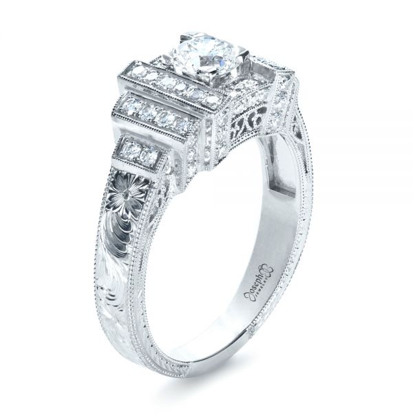 14k White Gold Custom Diamond Engagement Ring - Three-Quarter View -  1346
