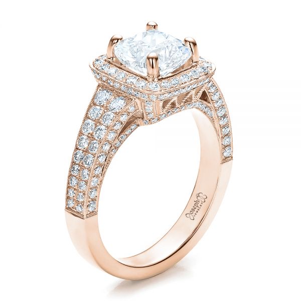 18k Rose Gold 18k Rose Gold Custom Diamond Halo Engagement Ring - Three-Quarter View -  100098
