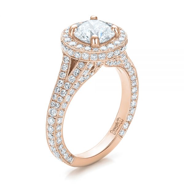 18k Rose Gold 18k Rose Gold Custom Diamond Halo Engagement Ring - Three-Quarter View -  100644