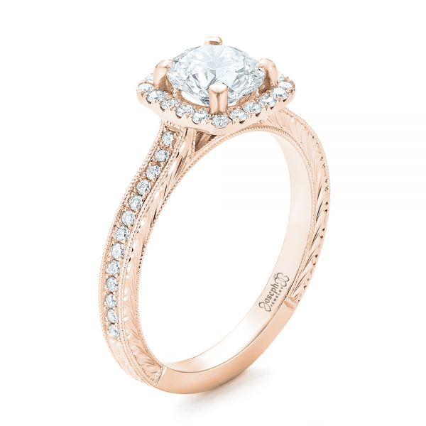 18k Rose Gold 18k Rose Gold Custom Diamond Halo Engagement Ring - Three-Quarter View -  102422