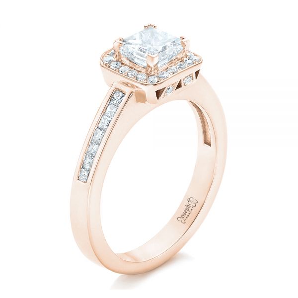 18k Rose Gold 18k Rose Gold Custom Diamond Halo Engagement Ring - Three-Quarter View -  102437