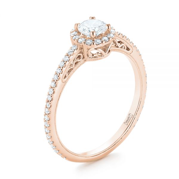 18k Rose Gold 18k Rose Gold Custom Diamond Halo Engagement Ring - Three-Quarter View -  102990