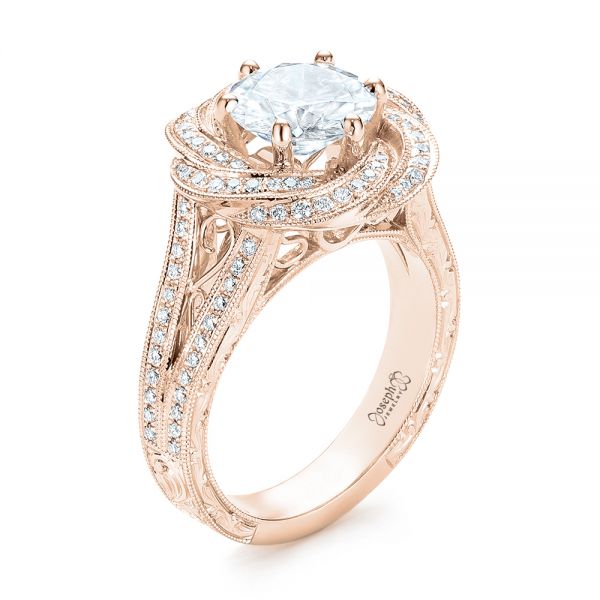 18k Rose Gold 18k Rose Gold Custom Diamond Halo Engagement Ring - Three-Quarter View -  103325