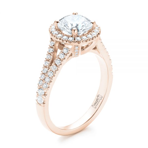 18k Rose Gold 18k Rose Gold Custom Diamond Halo Engagement Ring - Three-Quarter View -  103427