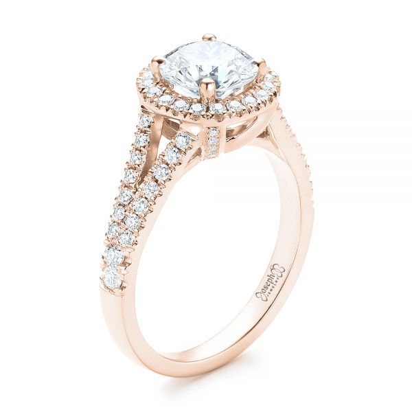 18k Rose Gold 18k Rose Gold Custom Diamond Halo Engagement Ring - Three-Quarter View - 103427
