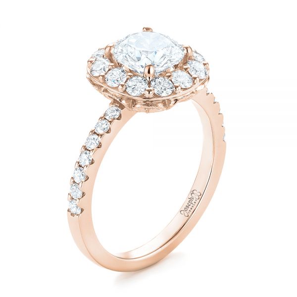 18k Rose Gold 18k Rose Gold Custom Diamond Halo Engagement Ring - Three-Quarter View -  103588