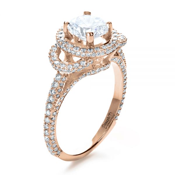 18k Rose Gold 18k Rose Gold Custom Diamond Halo Engagement Ring - Three-Quarter View -  1128